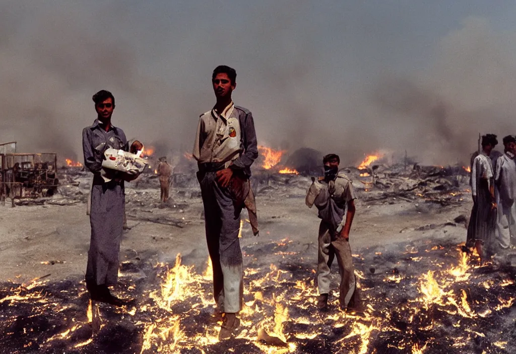 Prompt: portrait photograph fashion in Kuwait oil fields fire burning. 1991.