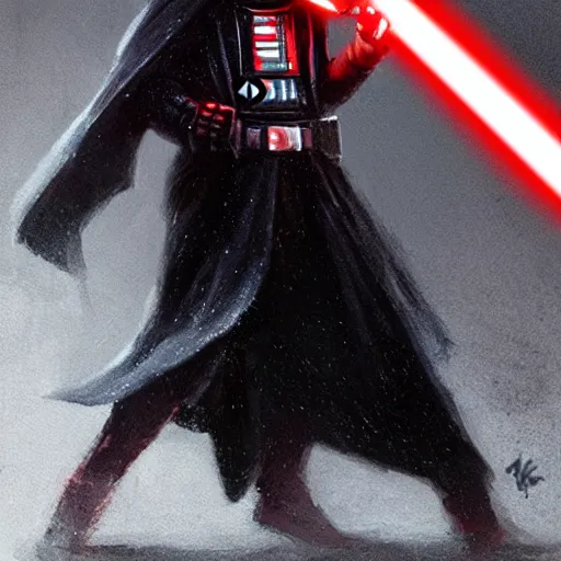 Prompt: Sith Donald Trump wielding a red lightsaber, by Greg Rutkowski and Thomas Kinkade, trending on artstation 4k.