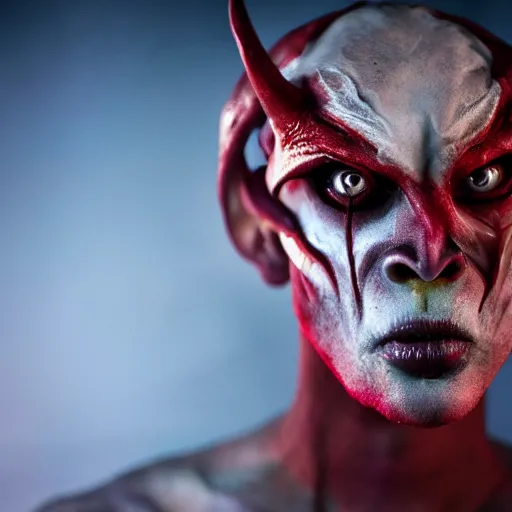 Image similar to a demon inspired by space created by the make up artist hungry, photographed by andrew thomas huang, cinematic, expensive visual effects