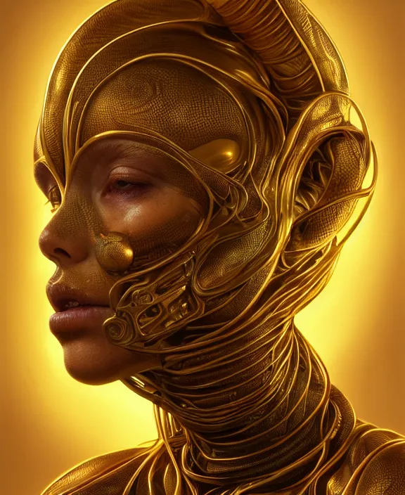 Image similar to intricate golden portrait of a disturbing beautiful alien snake creature, mottling coloring, adorable, childlike, medical equipment hospital environment, ultra realistic, concept art, art nouveau, photorealistic, octane render, 8 k, unreal engine. art by christopher marley and artgerm and greg rutkowski and alphonse mucha