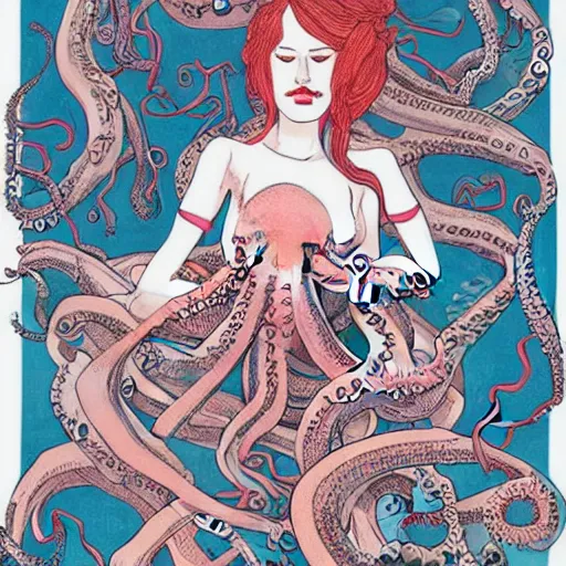 Prompt: a sad girl with octopus tentacles instead of limbs sitting on the floor, illustration by James Jean