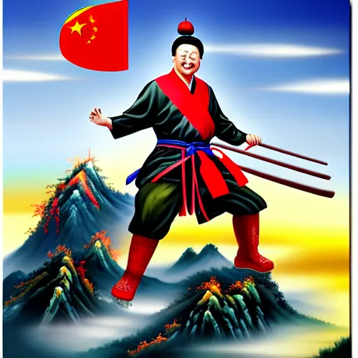 Image similar to Chinese president, battle, bananas weapon, dragon, mountains background, fighting stance, painting