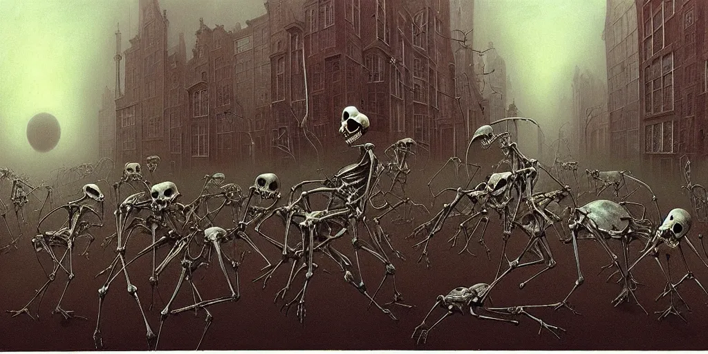 Prompt: painting of catlike creatures with surrealistic morphed skeletons roaming the streets of Amsterdam, Zdzislaw Beksinski, Wayne Barlowe, Joe Fenton, gothic, cosmic horror, biomorphic, lovecraftian, amazing details, cold hue's