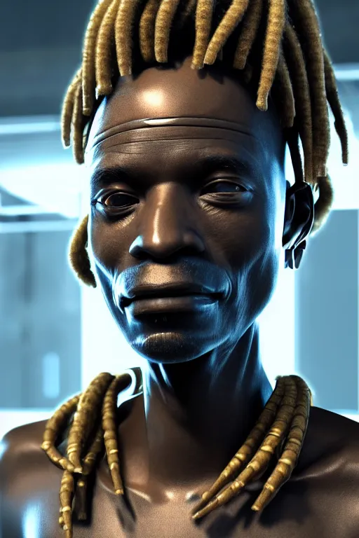 Image similar to a very detailed portrait of a old cyberpunk African man with dreadlocks, biotech, machine, photorealistic, highly detailed rendering with a cyberpunk style_ robotic arms MetaHuman, unreal engine, defined cheekbones, one blind eye, dramatic cinematic lighting