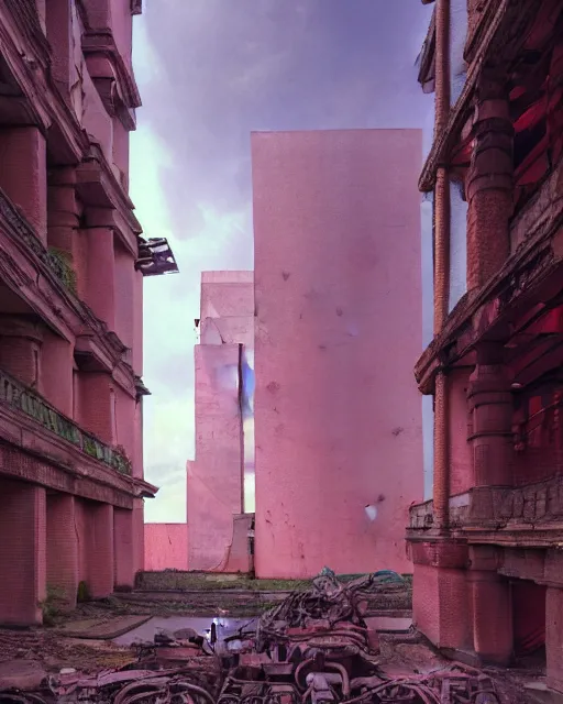 Image similar to hyperrealistic 3d render high quality baroque mecha iridescent pink brutalist city ruins background concept art vray! santiago caruso de chirico sharp very dramatic green light 8k low angle shallow depth of field