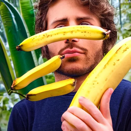 Prompt: flash photography of a high guy staring intently at a banana