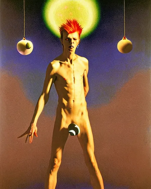 Image similar to david bowie as a ziggy stardust levitating and surrounded by transcendental light by jean auguste dominique ingres by agnes pelton, luminous orbs, labyrinthine, mystical