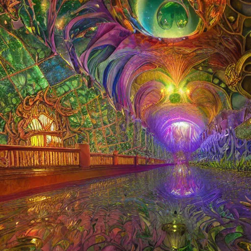 Image similar to stars lush art airbush cinematic nature photography cryengine render rich by lisa frank, antoni gaudi, john stephens, alex grey, m. c. escher, tim white, frank gehry, tomasz alen kopera