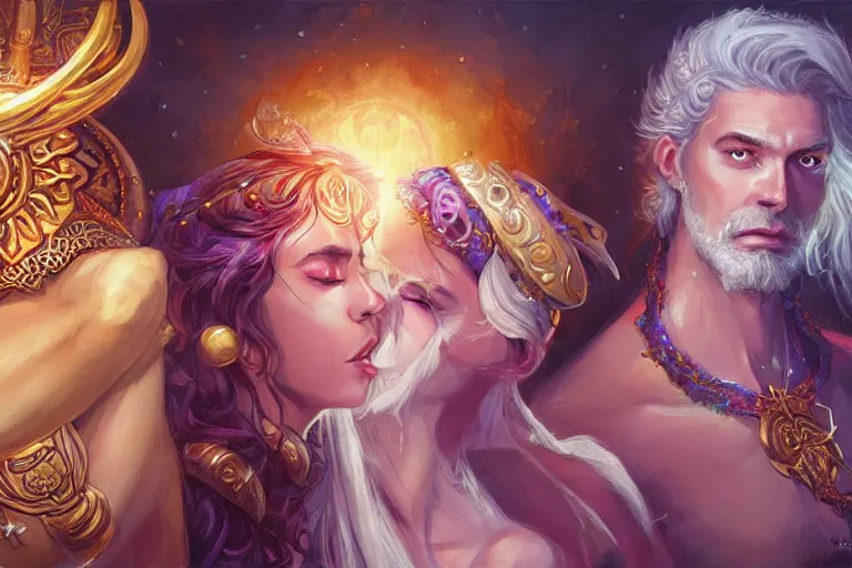 Image similar to close up moment of a divine a sun god and a moon goddess lovers magician at a wedding banquet, highly detailed, d & d, fantasy, highly detailed, digital painting, trending on artstation, concept art, sharp focus, illustration, art by artgerm and daniel gerhartz and magali villeneuve