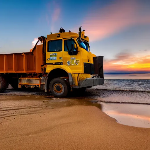 Image similar to a mining dump truck chilling on the beach, sunset