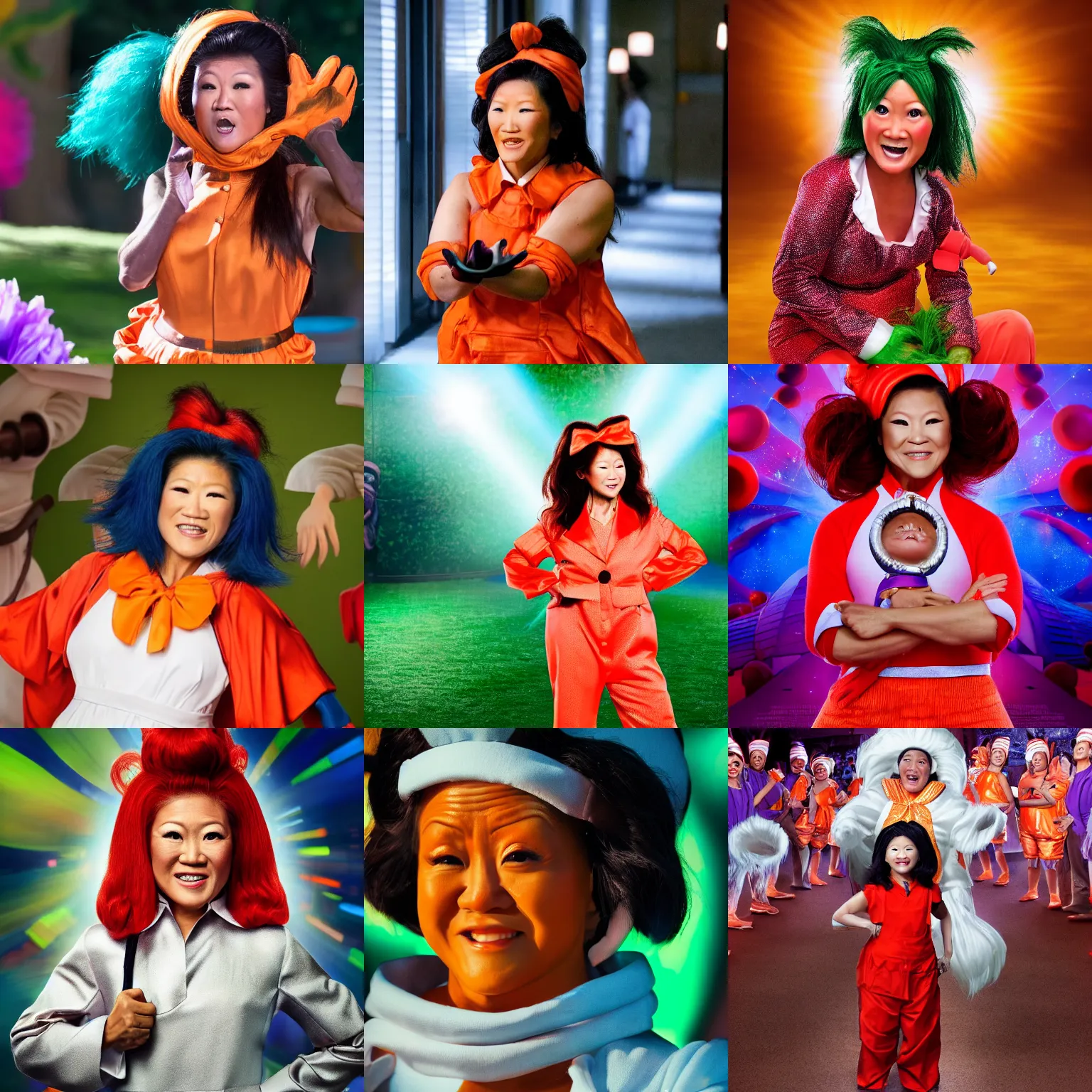 Prompt: Awe inspiring Julie Chen as an Oompa Loompa, detailed, portrait photograph, 8k hdr movie still, dynamic lighting