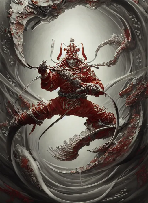 Image similar to subsurface scattering, white, koi, samurai deity with filigree chitin armor, by jesper ejsing, james jean, justin gerard, tomasz alen kopera, cgsociety and fenghua zhong, highly detailed, rim light, cinematic lighting, illustration, art, octane render, very coherent, cinematic, hyper realism, high detail, 8 k