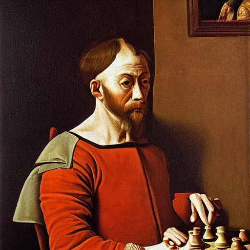Prompt: portrait painting of a medieval King playing chess by George Stubbs and caravaggio, oil painting, old master, masterpiece