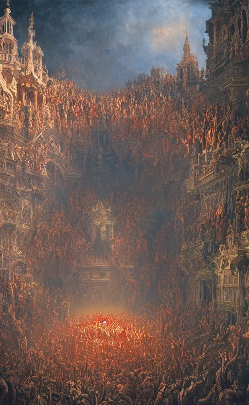 Image similar to hordes of demons breaking into heaven, baroque architecture, detailed, vivid colors, masterpiece painting, octane render, volumetric lighting, cinematic, by gustave dore, by michelangelo, by beksinski