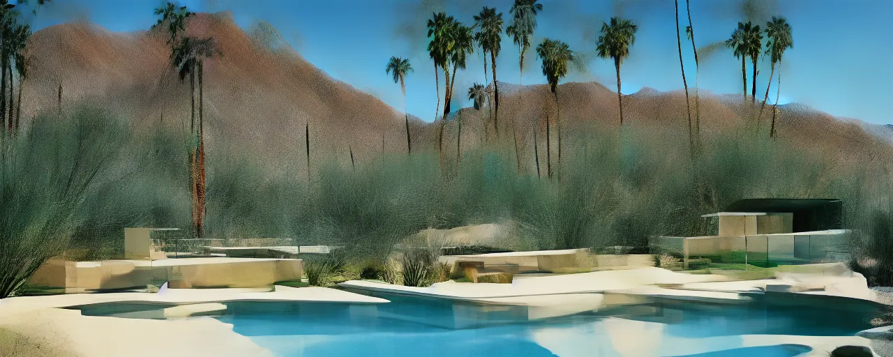 Prompt: hillside desert pavilion, palm springs, metal, glass, stone, large overhangs, beautiful vistas with cacti, rectangular pool parallel with pavilion, minimal kitchen, sliding glass windows, rust, shadows, tall entry, 8k, realistic, photo by julius shulman, a group beautiful women in white swimsuits, night time