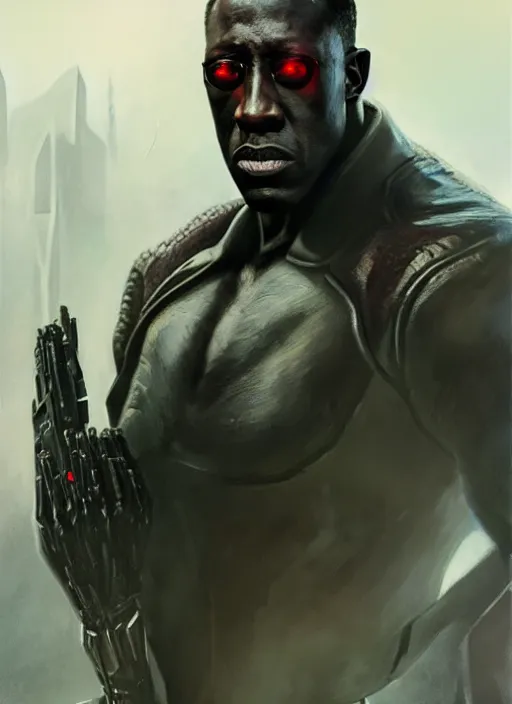 Image similar to wesley snipes as victor stone, full body concept, cyborg, borg, strogg, face of a man, terminator, flesh, quake strogg, doom demon, wolfenstein, monstrous, powerful, symmetry, symmetrical, concept art by ruan jia and greg rutkowski