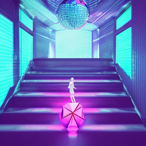 Prompt: a room with a staircase and a disco ball, a 3 d render by mor than, trending on tumblr, crystal cubism, vaporwave, retrowave, synthwave