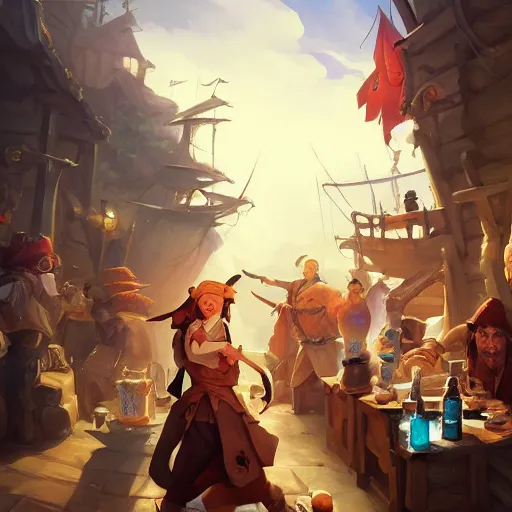 Image similar to Pirates in a tavern, cgsociety, fantasy art, 2d game art, concept art , ambient occlusion, bokeh, behance hd , concept art by Jesper Ejsing, by RHADS, Makoto Shinkai ,Cyril Rolando, face of characters by artgem