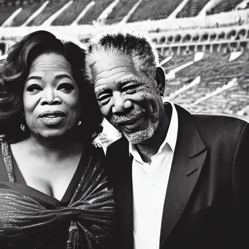 Image similar to photo of morgan freeman and oprah winfrey hugging on the background of the colesseum in rome, 5 0 mm, beautiful photo