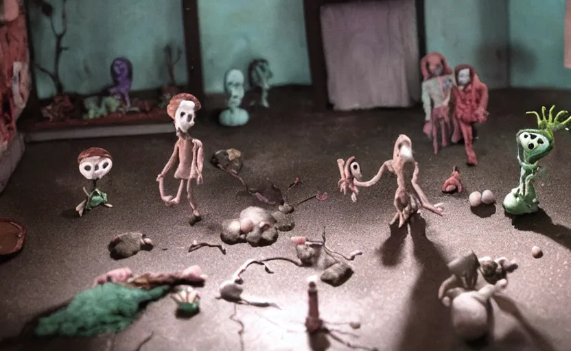 Image similar to a scene from a claymation horror movie