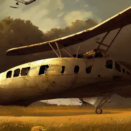 Image similar to a abandoned and destroyed aeroplane in the style of sylvain sarrailh, beautiful digital art, cinematic art, concept art, matte painting, oil painting