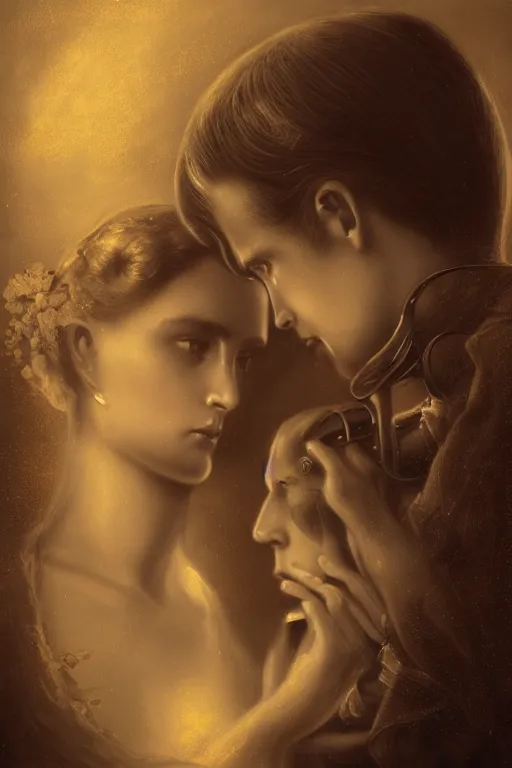 Image similar to a beautiful ultradetailed vintage photo of two cyborgs facing away from each other, by tom bagshaw and anna dittman, couples portrait, vignette, 35mm lens, golden ratio composition, detailed faces, studio photography, very detailed, humanoids, industrial robots, artstation, 8k, highly coherent