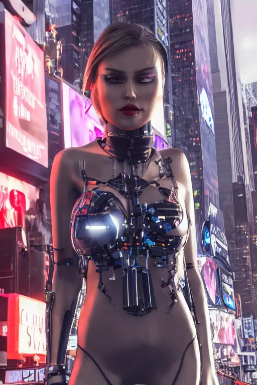 Image similar to fully clothed women dresses in a cyberpunk aesthetic in body suit and high heels with cybernetic eye implants standing at times square circa 2 3 0 0, detailed face!!, beautiful eyes, film still, wide lens, hyperrealism, incredible detail, 8 k resolution, zeiss lens, canon eos, artstation, redshift, octane, detailed face!!,