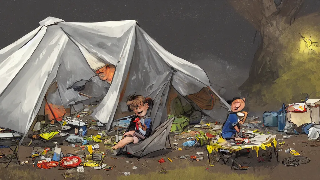 Image similar to an illustration of a messy camping tent, with a kid sitting in the corner, waste everywhere, high contrast, highly detailed, sharp focus, digital painting, illustration, trending on artstation,