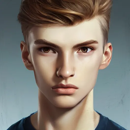 Image similar to teenage boy with brown blond short quiff hair and thin slightly round facial structure with cleft chin and bumpy nose with good definition of cheekbones and Alert brown eyes, narrow face, slim body, atmospheric lighting, painted, intricate, 4k, highly detailed by Charlie Bowater