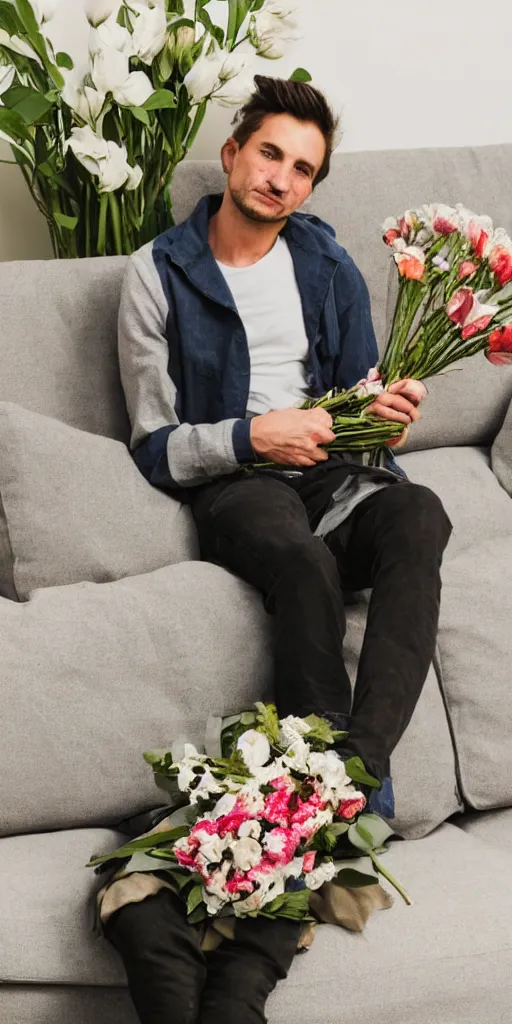 Image similar to a man sitting on the couch with a bunch of flowers in his hand