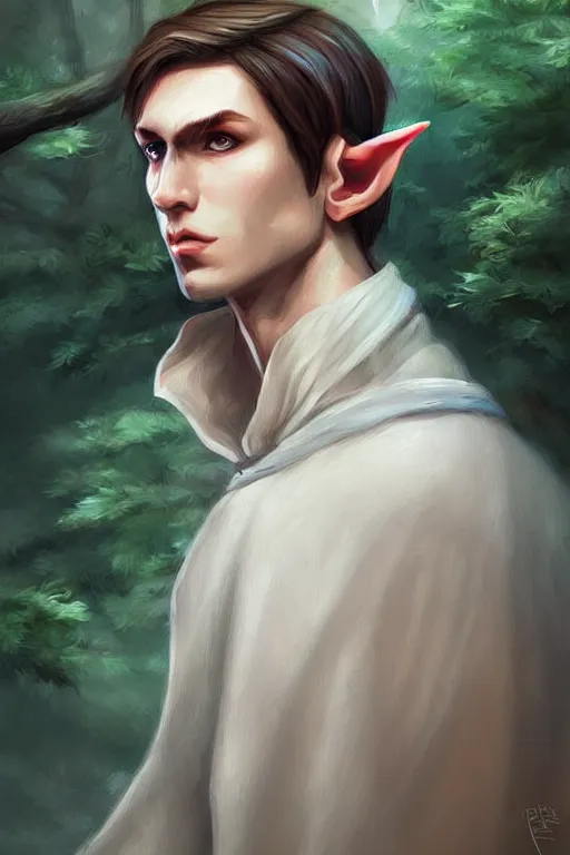 Image similar to beautiful, digital art, portrait painting of a male elf wizard, wearing linen cloth. forest background. artstation, by jisu choe