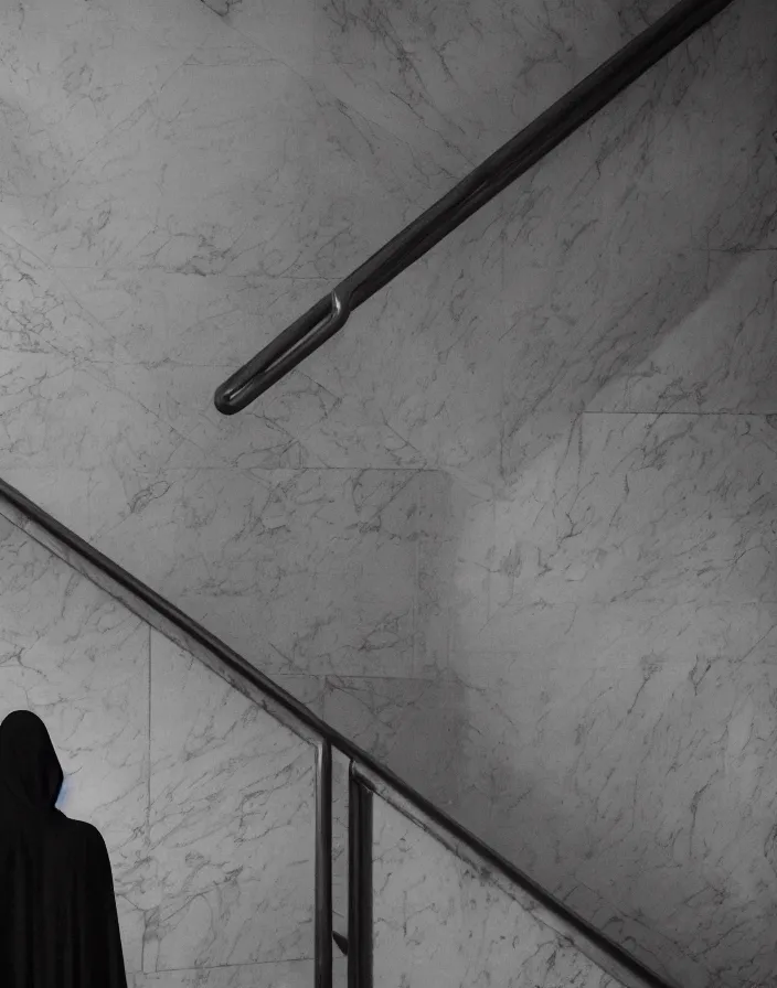 Prompt: a figure shrouded in a long trailing dark grey opaque gown, descending a giant marble staircase in a dark room, photorealism, hyperrealism, harsh lighting, dramatic lighting, medium shot, serious, gloomy, foreboding, cinematic