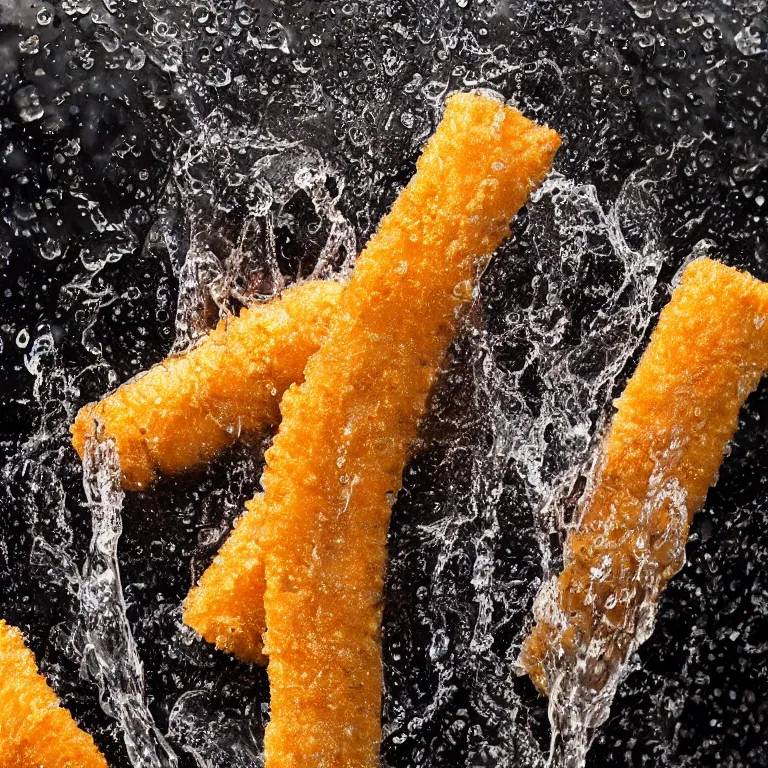 Image similar to soaking wet soggy fish fingers drenched with a stream of water from a faucet on a moist wet plate. very wet delicious fish sticks with specular highlights. water drips from the wet fish sticks. macro lens close up shot 8 k food commercial shot award winning