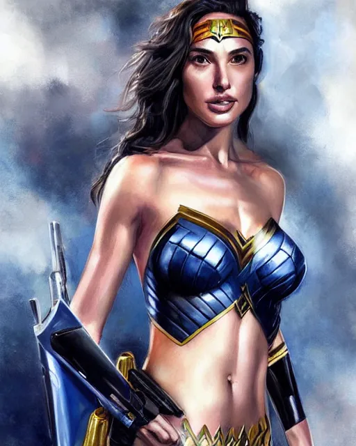 Image similar to hyper realistic painting of gal gadot in a police uniform, hyper detailed, anime, by clay mann, trending on artstation