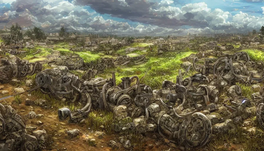 Prompt: the beautiful, chilling, mundane panoramic view of a field after war filled with dead soldier calvary and rocks. hyperrealistic anime background illustration, colorful, extremely detailed intricate linework, smooth, super sharp focus, bright colors, high contrast, matte, octopath traveler, unreal engine 5 highly rendered, global illumination, radiant light