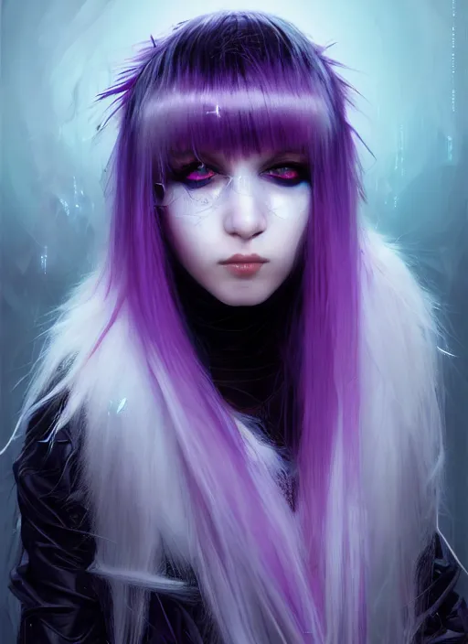 Prompt: hair whitebangs hair, black cyberlox, portrait of normal teenage girl, white bangs, messy bangs, fluffy bangs, cyberlox, whitebangs, red contact lenses, purple background, intricate, elegant, highly detailed, digital painting, artstation, concept art, sharp focus, smooth, illustration, art by wlop, mars ravelo and greg rutkowski