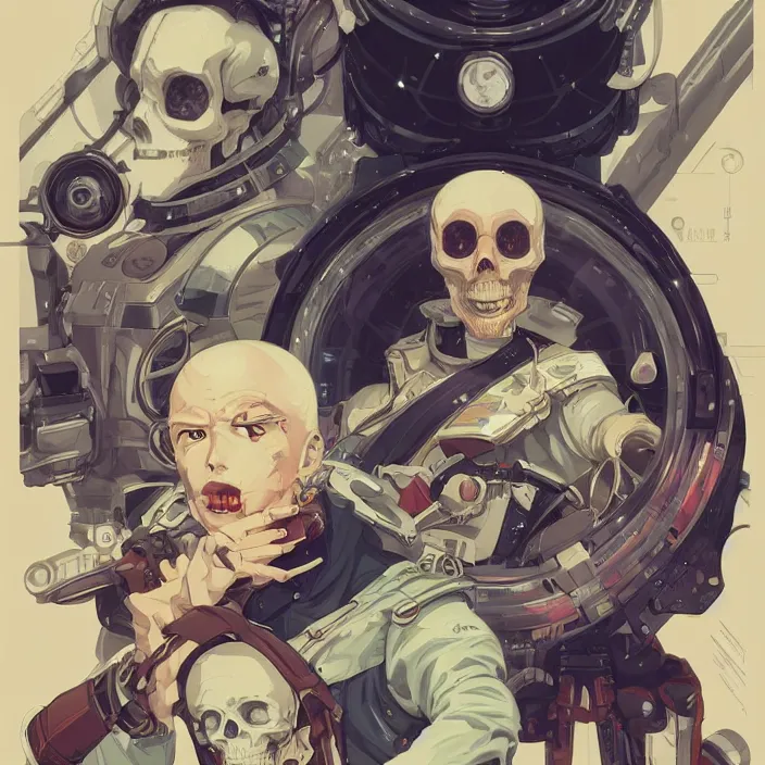 Image similar to anime skull portrait space pirate captain, futuristic science fiction, mucha, hard shadows and strong rim light, art by jc leyendecker and atey ghailan and sachin teng