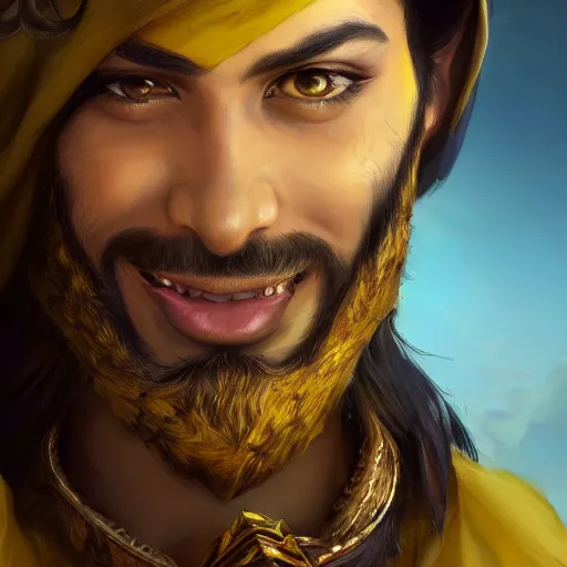 Image similar to portrait of young wild arabian nomad half werewolf, with yellow cloths, league of legends splash art, hearthstone splash art, full body shot, rule of thirds, ultrafine hyperrealistic detailed face, artgerm, greg rutkowski, trending on artstation, 8 k, intricately detailed, highly detailed