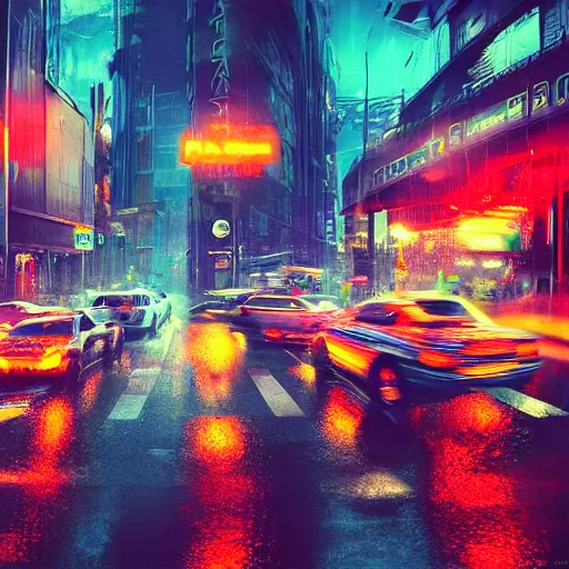 Image similar to Bustling photorealistic!!! rainy neon street in a utopian city illustrated and reimagined by Max Hay, inverted fisheye lens!!!, eyelevel!!! view!!! photography, trending on artstation, 4k, 8k, lens distortion, chromatic aberration, soft focus blur, photorealistic imagery, photorealistic details, intricate, highly detailed, artstation 3d, artstation render, artstation 3d render, 3d art, unreal engine 3d, octane 3d, blender 3d, 3d landscape