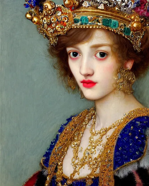 Image similar to a close up of beautiful girl wearing a crown wearing and golden jewellery surrounded by colourful intricate patterns, by edgar maxence and caravaggio and michael whelan, intricate painting, hyper realistic, extremely detailed and beautiful aesthetic face, 8 k resolution