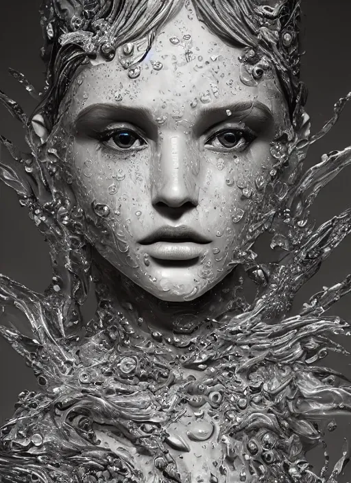 Prompt: sculpture made of water, portrait, female, future, shaman, harper's bazaar, vogue, magazine, insanely detailed and intricate, concept art, close up, wet, ornate, luxury, elite, elegant, trending on artstation, by ruan jia, by Kenneth Willardt, by ross tran, by WLOP, by Andrei Riabovitchev,