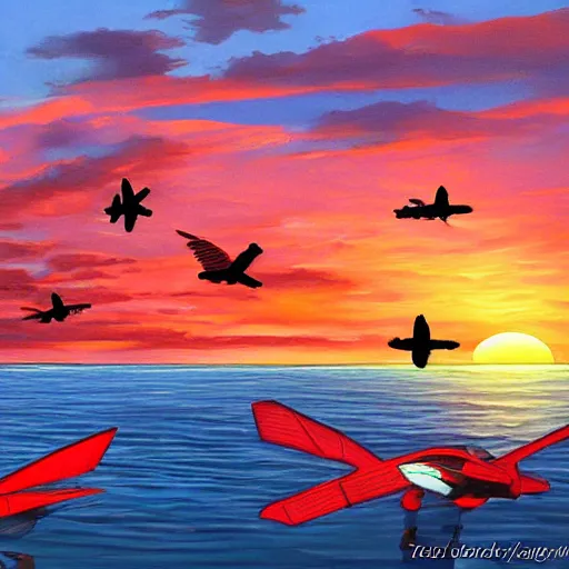 Prompt: sunrise in paradisiacal bay next to winged red panthers, art, concept art, painting