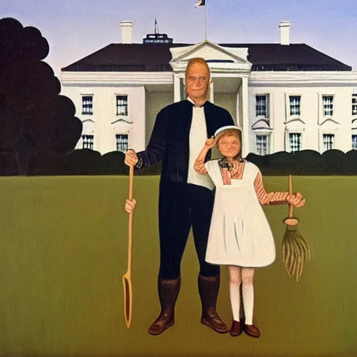 Prompt: an oil painting of a farmer standing beside his daughter in front of a white house. The woman wears a colonial print apron. The man wears overalls covered by a dark suit jacket and he carries a pitchfork. By Grant Wood, 1930.