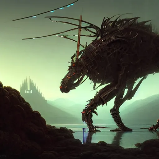 Image similar to neon techno-magic robot with a spear fights and pierces an ancient beast, hyperrealism, no blur, 4k resolution, ultra detailed, style of Greg Rutkowski, Zac Retz, Kawase Hasui, Carlos Schwabe, Eddie Mendoza, Ryan Dening,