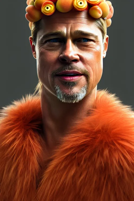 Prompt: brad pitt in a peach fruit costume, ef 8 5 mm f 1. 8 usm, bionic scifi alexandre ferra, hyper detailed, digital art, trending in artstation, cinematic lighting, studio quality, smooth render, unreal engine 5 rendered, octane rendered