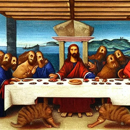 Image similar to jesus and some cats trade pokemon cards in davinci's last supper