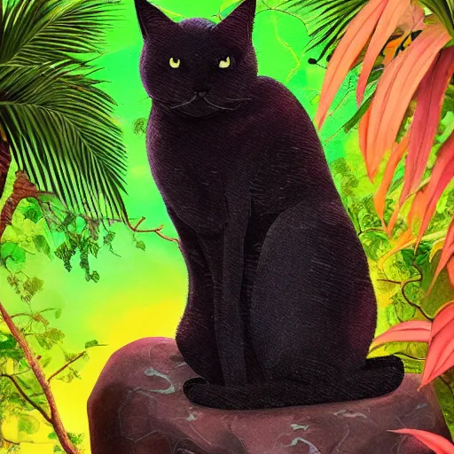 Image similar to a black cat seated on a rock in a jungle!, mist, tropical trees, vines, birds, sunset!, fluffy clouds, warm colors, beautiful lighting, digital art, intricate details, trending on artstation