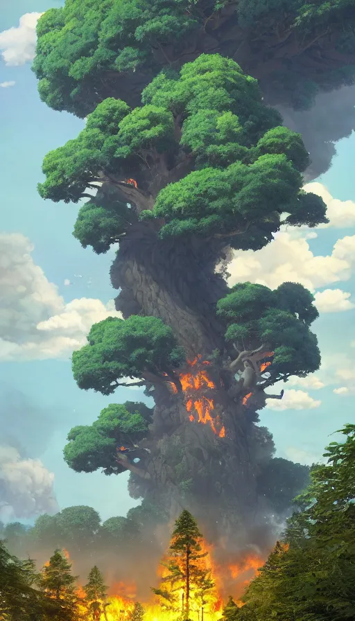 Image similar to A highly detailed matte painting of the biggest tree ever with buildings on the tree, the tree is on fire, huge fire with smoke and explosions, by Studio Ghibli, Makoto Shinkai, by Artgerm, by beeple, volumetric lighting, octane render, 4K resolution, trending on artstation, masterpiece