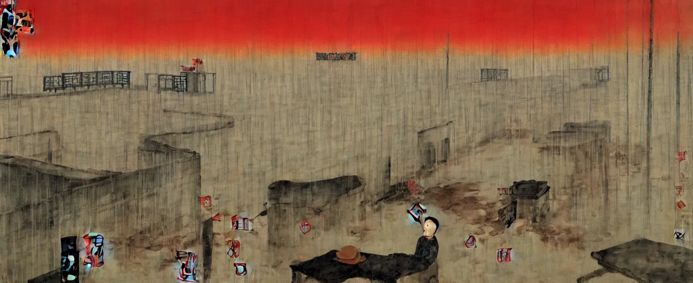 Image similar to a chinese prison near a river by peter doig, muted colors, overlaid with chinese adverts