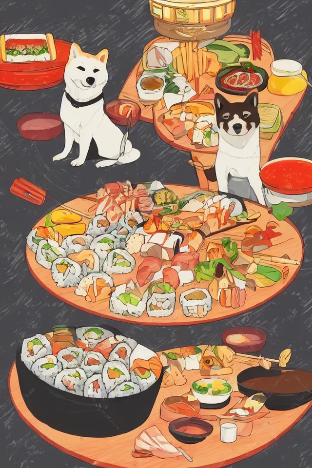 Image similar to a portrait of a shiba inu dog eating sushi in a sushi carousel restaurant, in the art style of studio ghibli, artistic, colorful palette, highly detailed